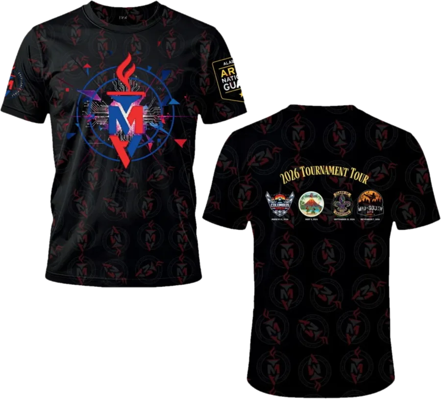2026 tournament shirt, front with the FMA torch emblem and back listing the four tour stops